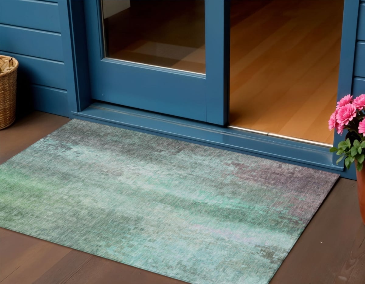 639905 3 x 5 ft. Aqua & Teal Blue Abstract Washable Transitional Indoor & Outdoor Rectangle Area Rug