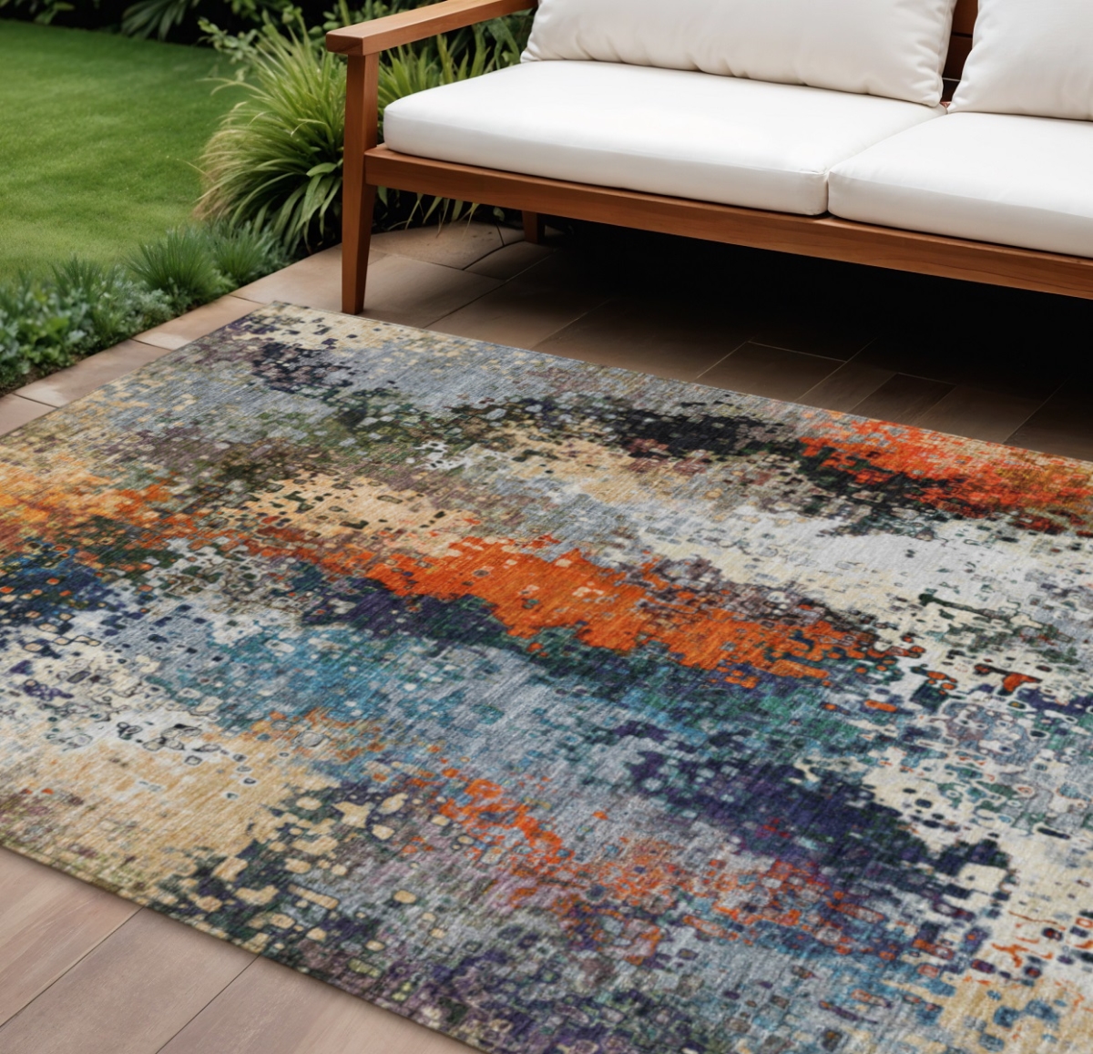 639984 9 x 12 ft. Blue Orange & Ivory Abstract Washable Transitional Indoor & Outdoor Rectangle Area Rug