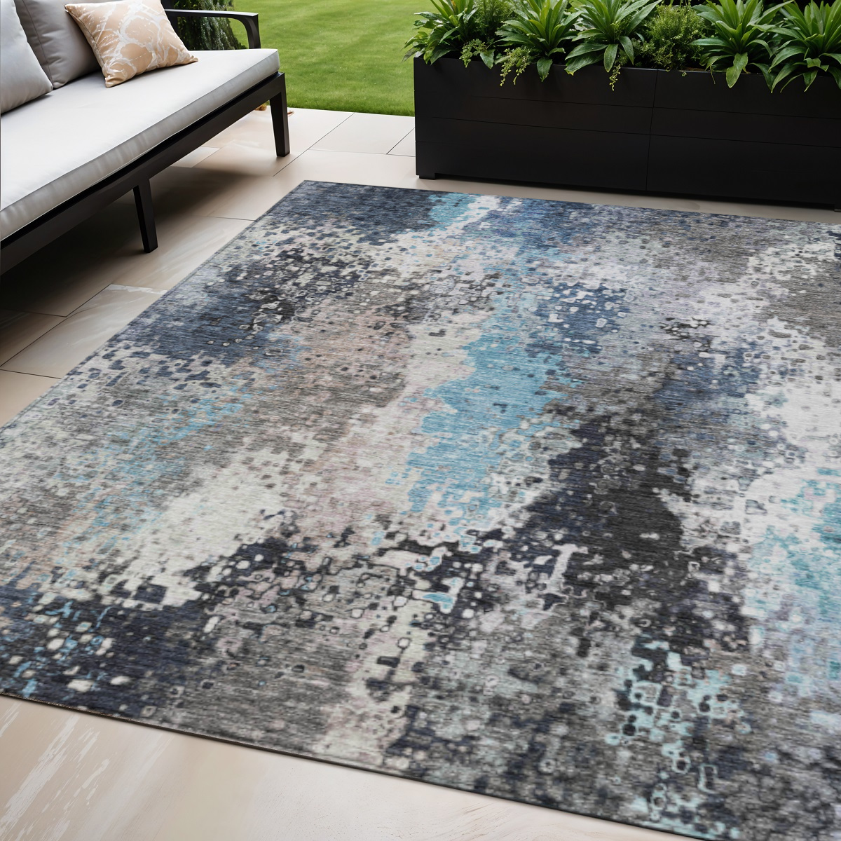 639987 5 x 8 ft. Denim Blue, Ivory & Gray Abstract Washable Transitional Indoor & Outdoor Rectangle Area Rug