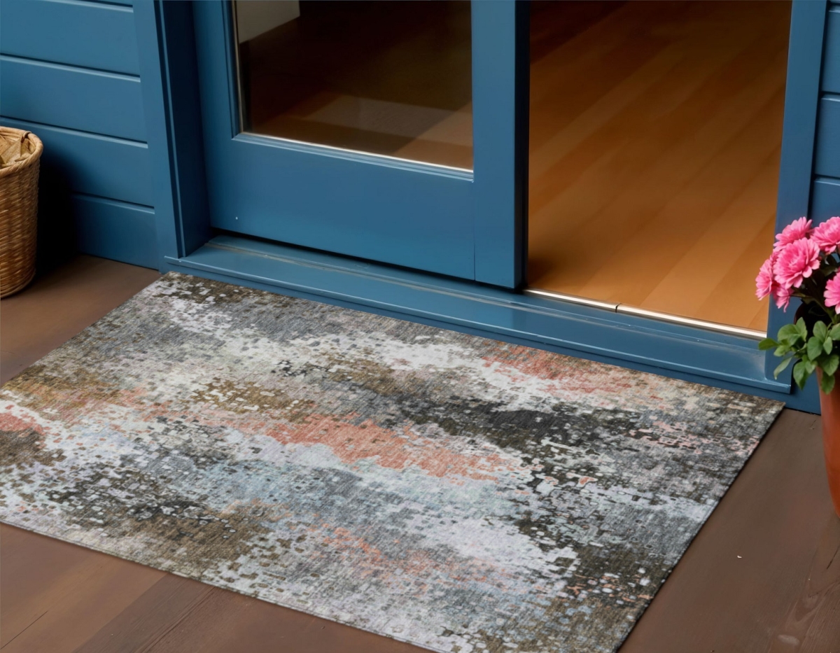 639998 3 x 5 ft. Granite Gray, Ivory & Coral Abstract Washable Transitional Indoor & Outdoor Rectangle Area Rug