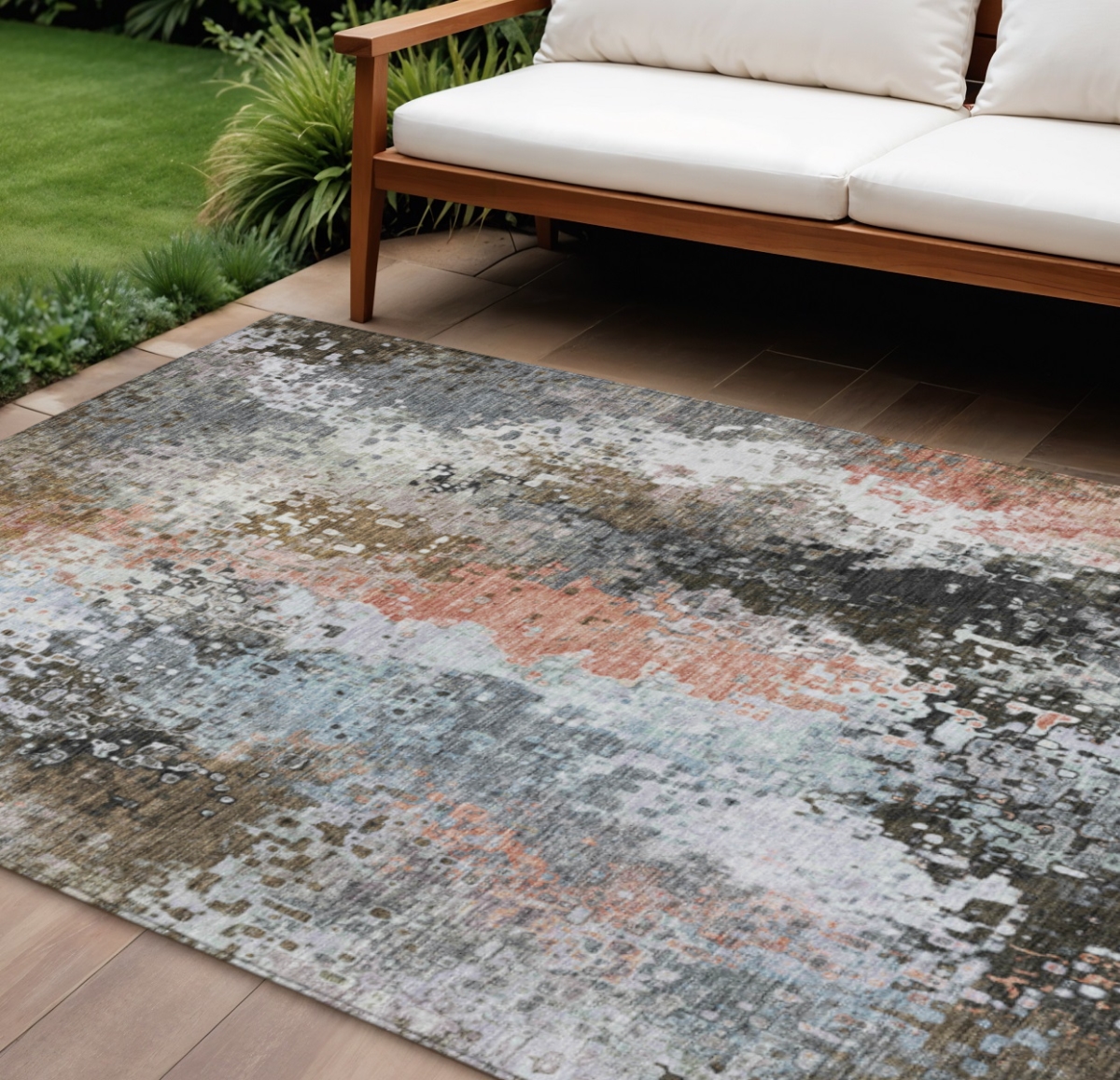 640003 10 x 14 ft. Granite Gray, Ivory & Coral Abstract Washable Transitional Indoor & Outdoor Rectangle Area Rug