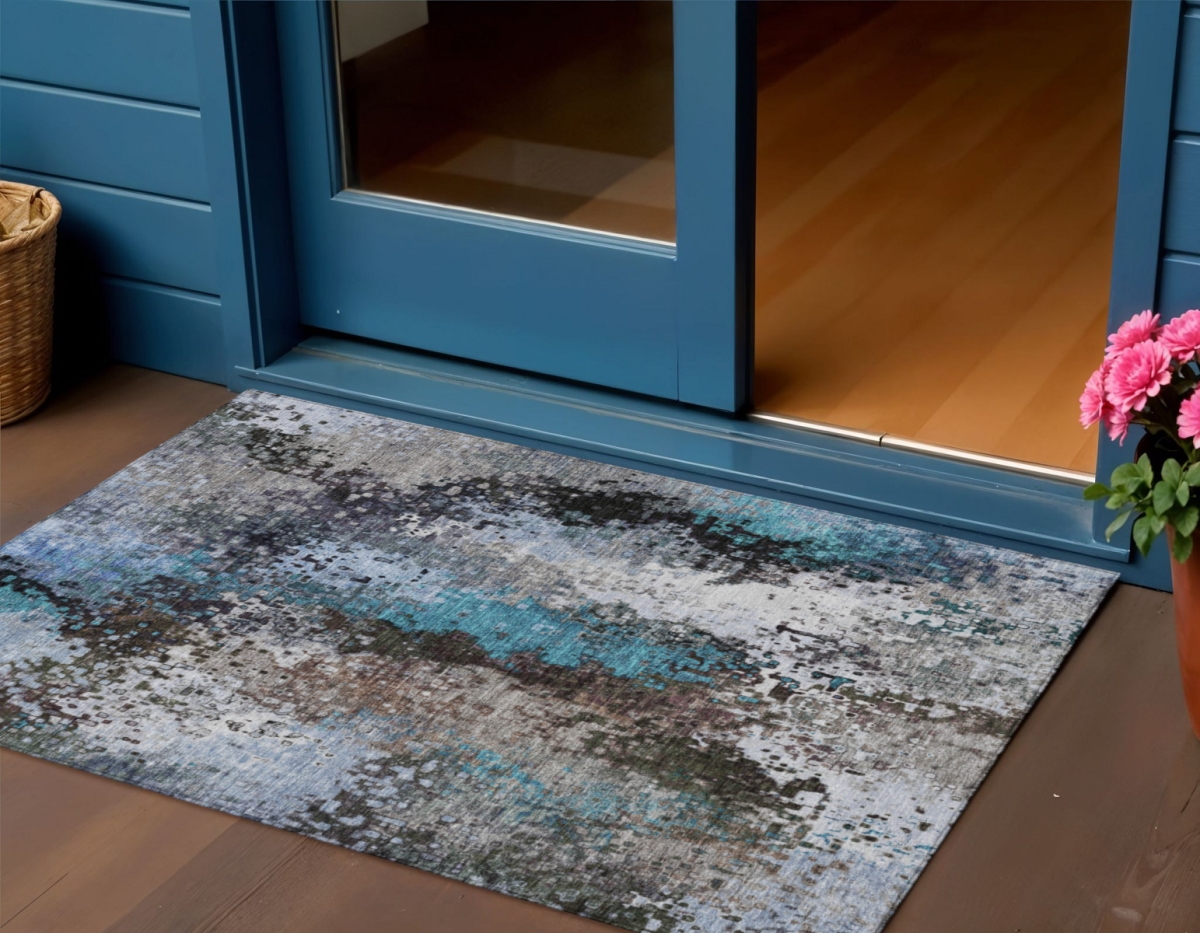 640010 3 x 5 ft. Khaki Ivory & Blue Abstract Washable Transitional Indoor & Outdoor Rectangle Area Rug