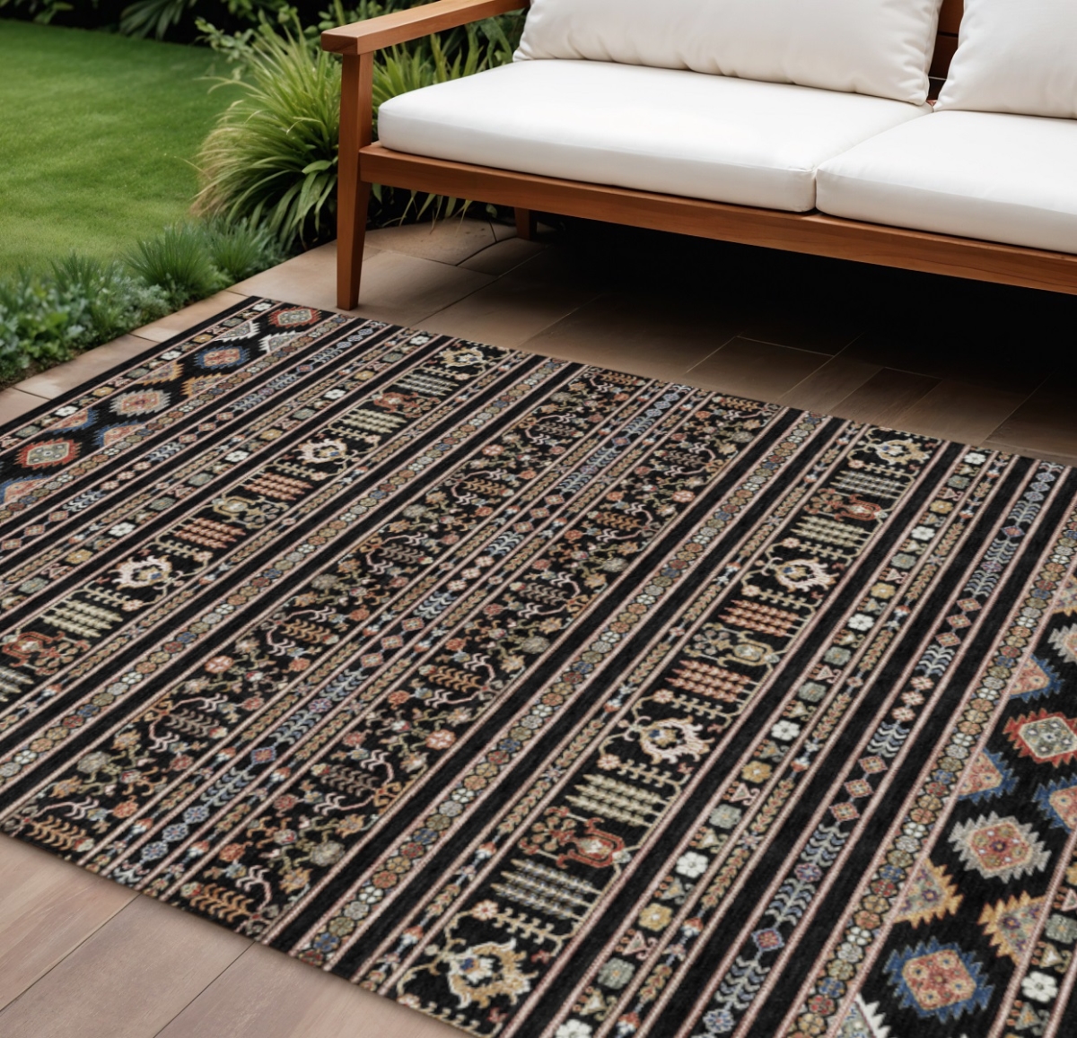 640033 10 x 14 ft. Black Blue & Copper Tribal Washable Transitional Indoor & Outdoor Rectangle Area Rug