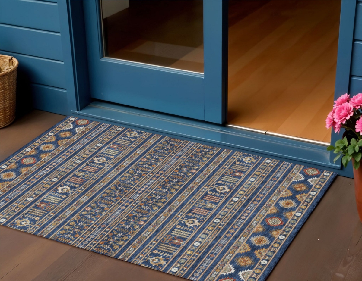 640052 3 x 5 ft. Navy Blue Copper & Gold Tribal Washable Transitional Indoor & Outdoor Rectangle Area Rug