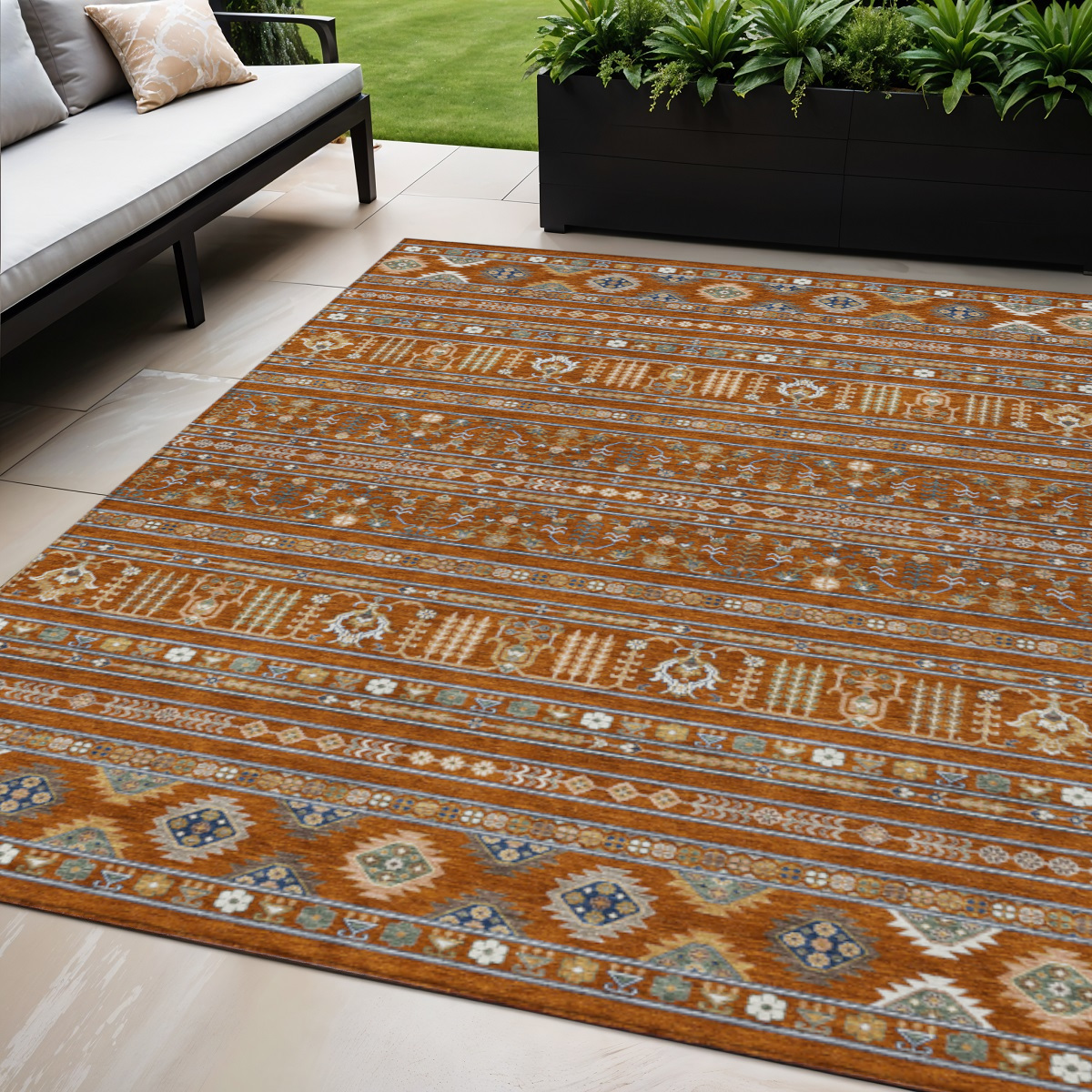 640062 9 x 12 ft. Rust Blue & Ivory Tribal Washable Transitional Indoor & Outdoor Rectangle Area Rug