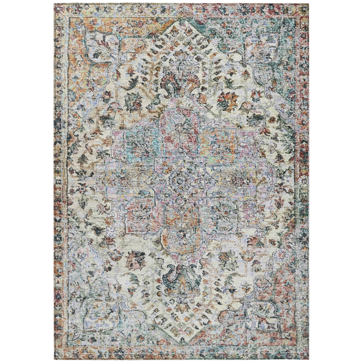 636796 9 x 12 ft. Sage Ivory & Copper Floral Medallion Washable Traditional Indoor & Outdoor Rectangle Area Rug