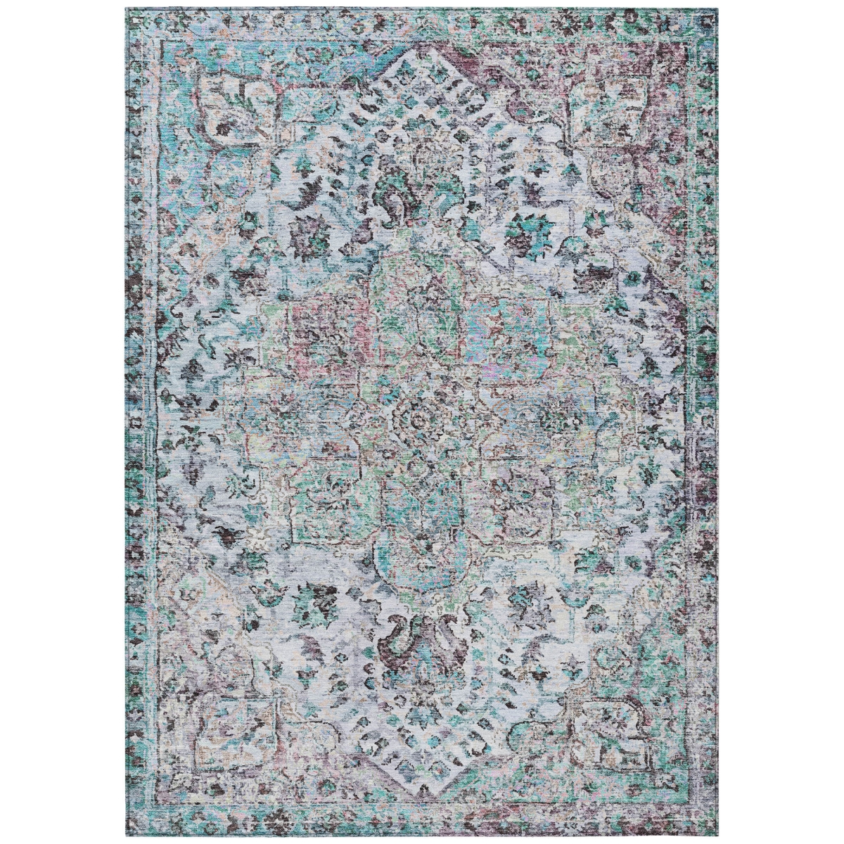 636802 9 x 12 ft. Sky Blue, Ivory & Lavender Floral Medallion Washable Traditional Indoor & Outdoor Rectangle Area Rug