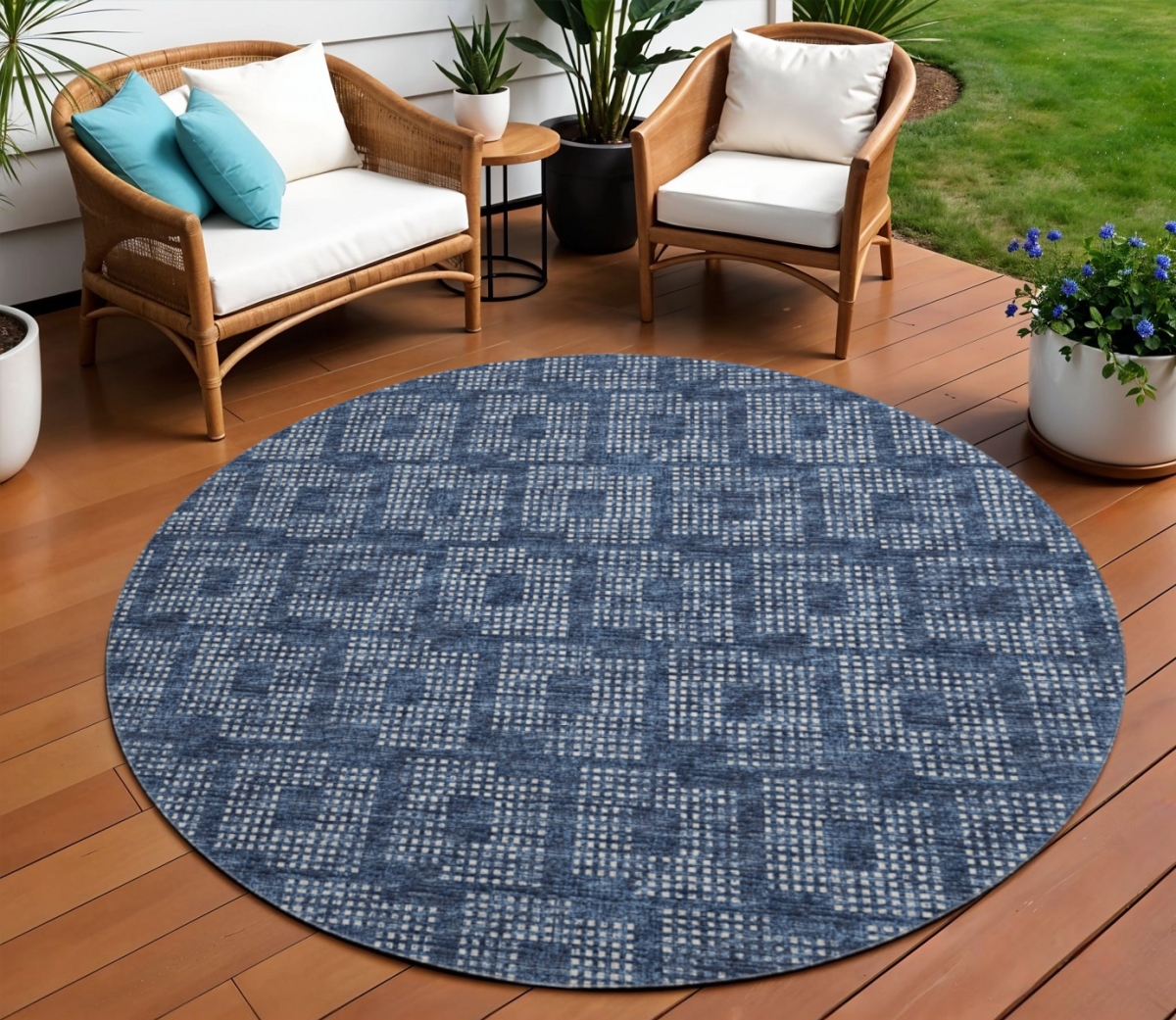 642436 8 ft. Blue & Ivory Geometric Washable Transitional Indoor & Outdoor Round Area Rug