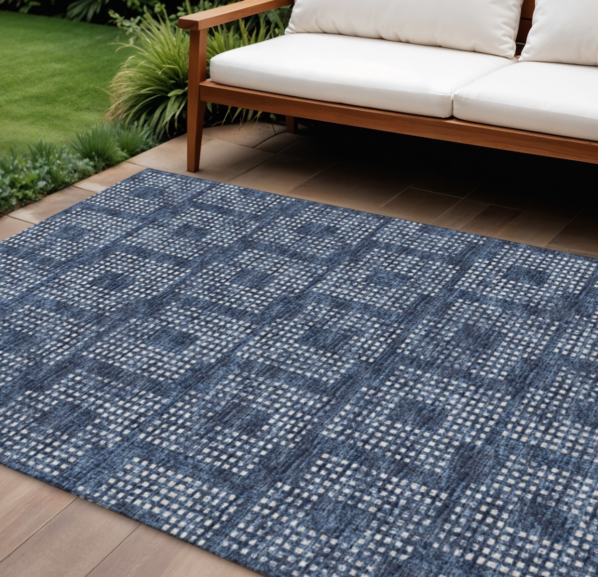 642438 9 x 12 ft. Blue & Ivory Geometric Washable Transitional Indoor & Outdoor Rectangle Area Rug