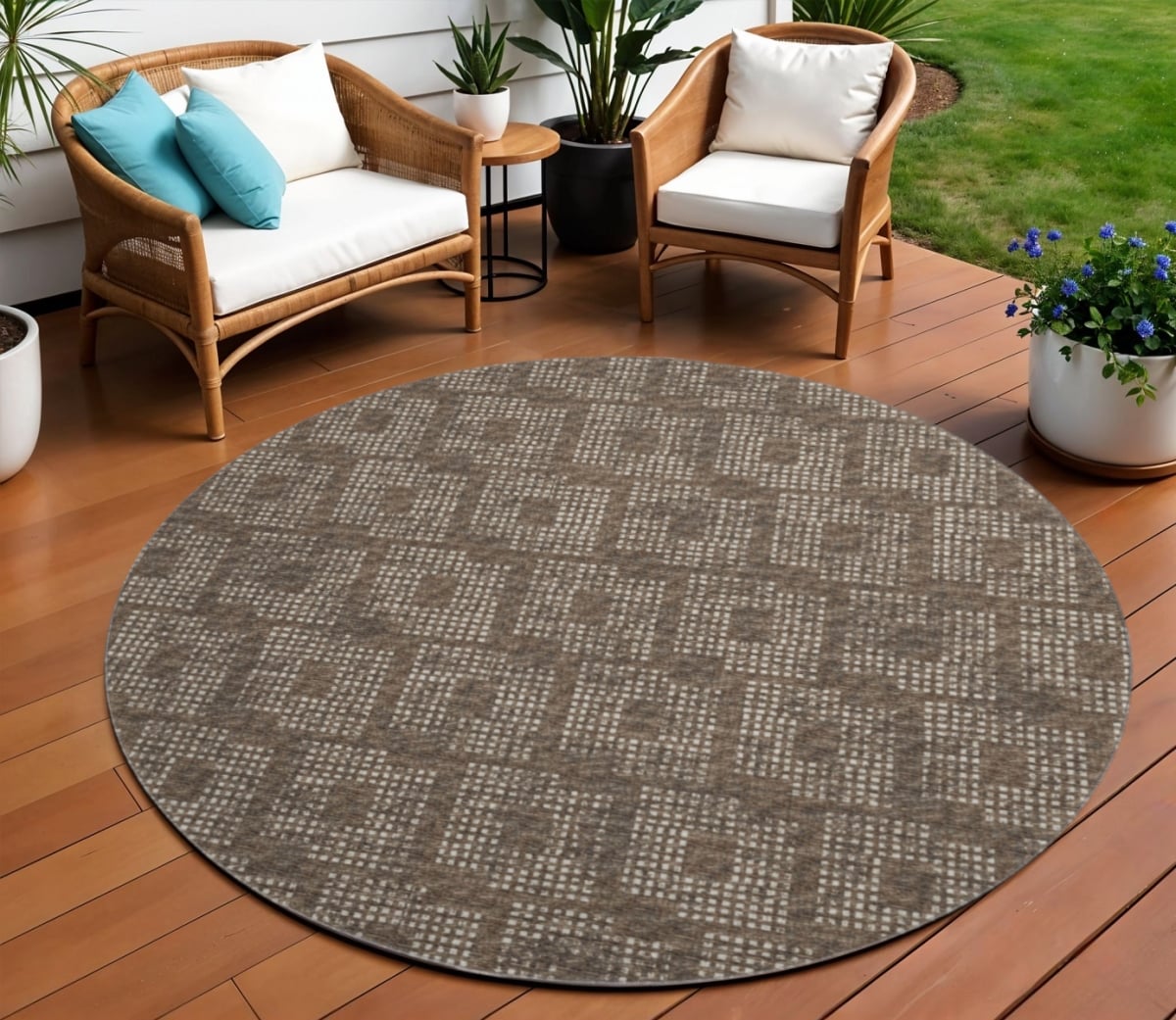 642448 8 ft. Brown & Ivory Geometric Washable Transitional Indoor & Outdoor Round Area Rug