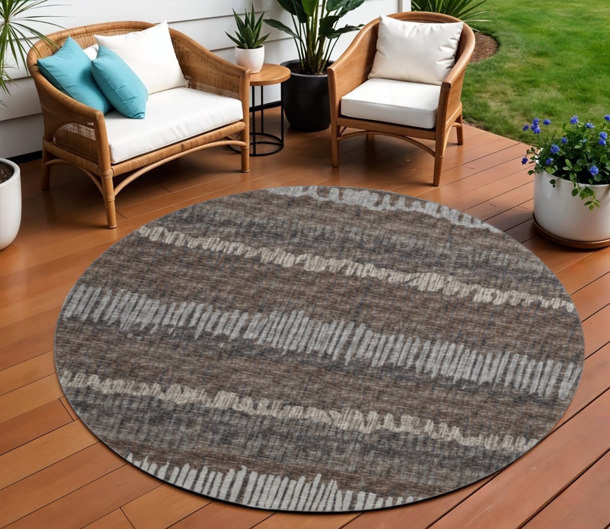 642556 8 ft. Brown & Ivory Abstract Washable Transitional Indoor & Outdoor Round Area Rug