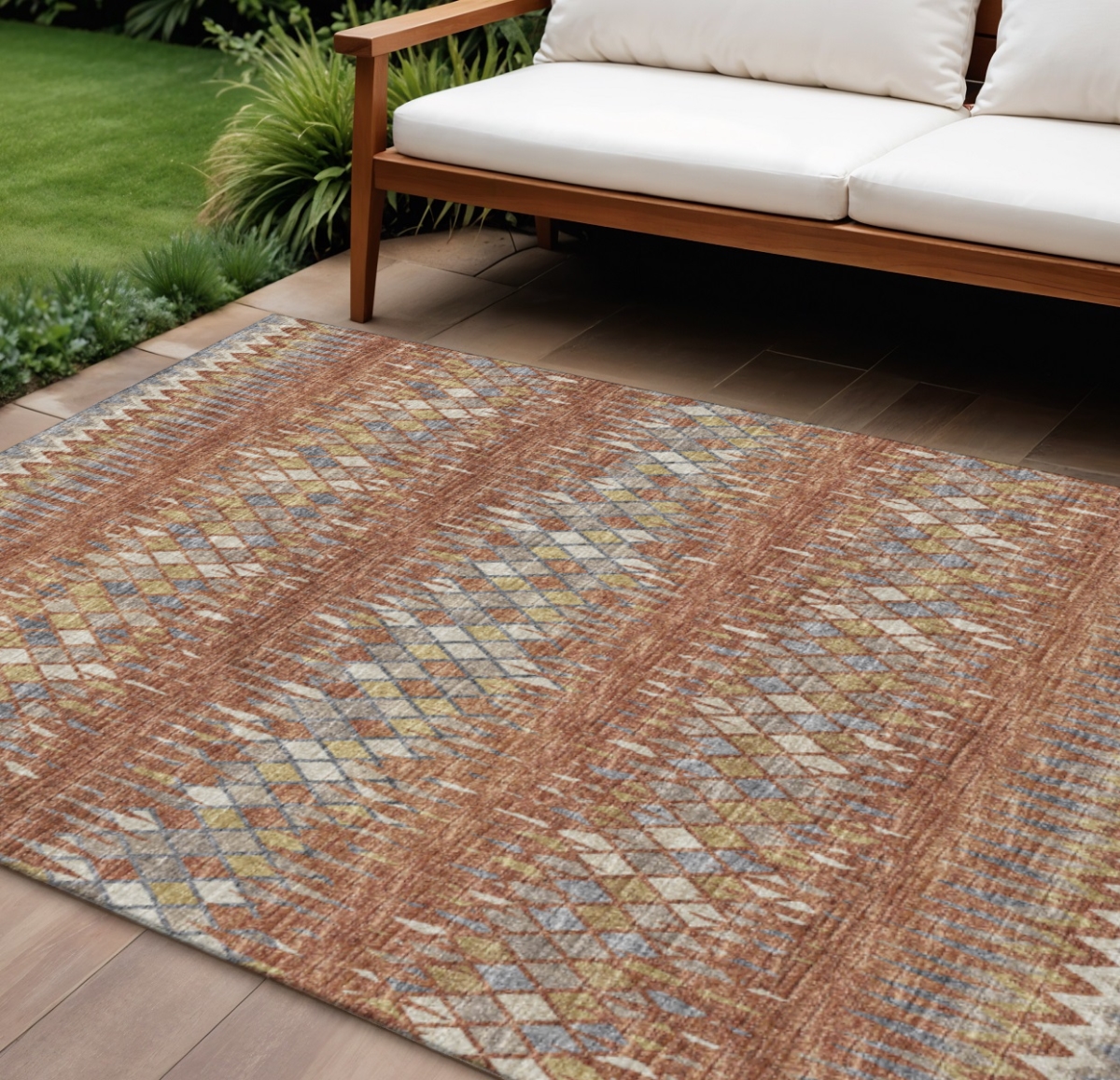 642583 10 x 14 ft. Cinnamon & Blue Ikat Washable Transitional Indoor & Outdoor Rectangle Area Rug