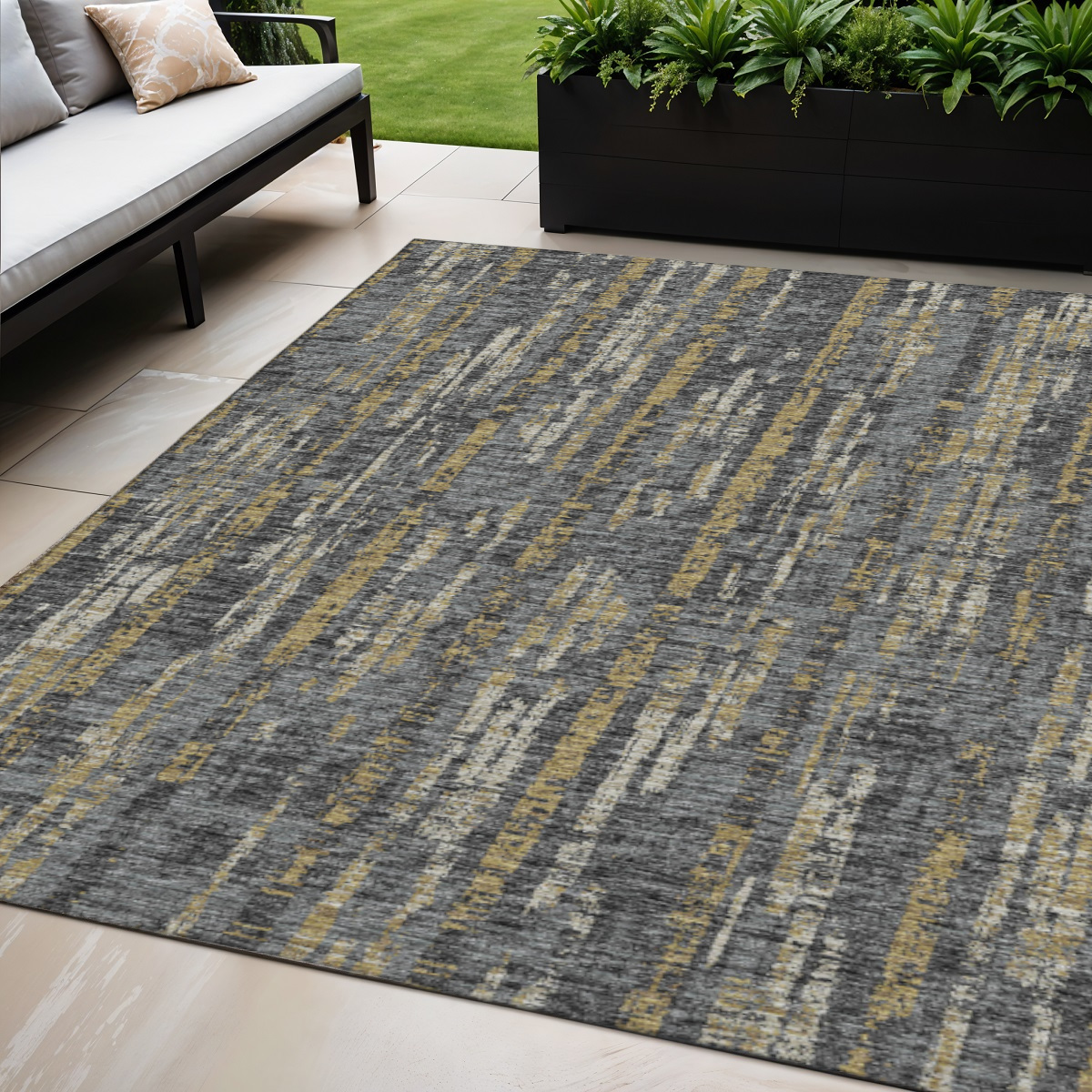 642603 5 x 8 ft. Granite Gray, Ivory & Gold Abstract Washable Transitional Indoor & Outdoor Rectangle Area Rug