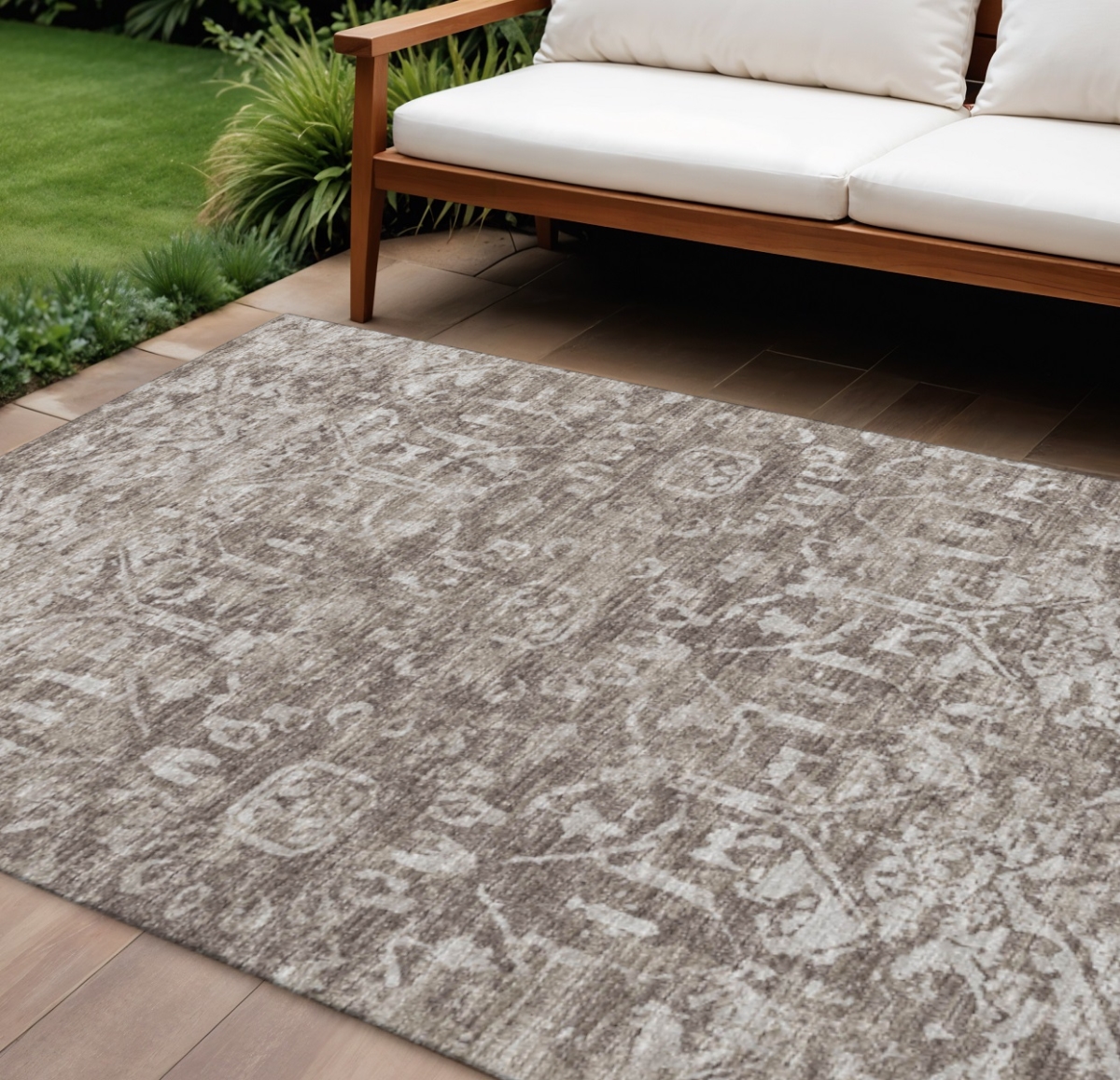 642630 9 x 12 ft. Brown & Ivory Damask Washable Traditional Indoor & Outdoor Rectangle Area Rug