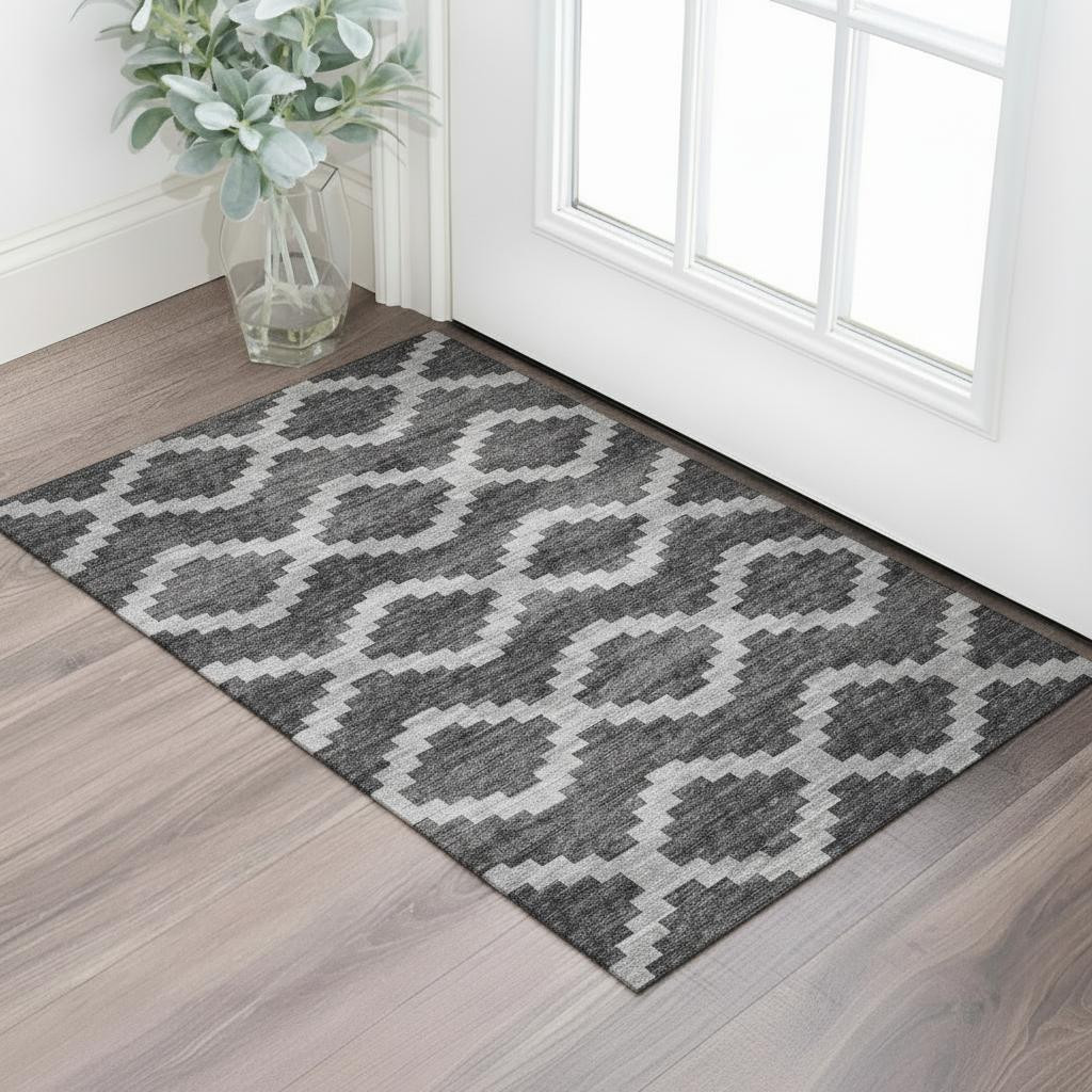 644953 3 x 5 ft. Gray, Ivory & Charcoal Tribal Washable Machine Made Rectangle Area Rug with UV Protection
