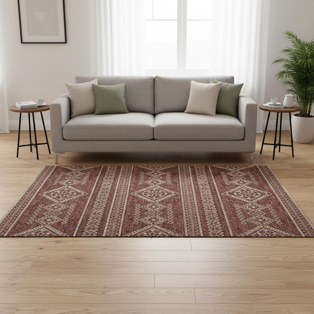 645075 5 x 8 ft. Burnt Sienna & Ivory Tribal Transitional Washable Machine Made Rectangle Area Rug with UV Protection