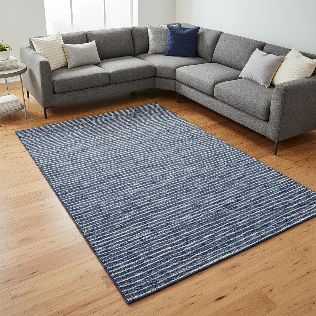 645222 9 x 12 ft. Navy Blue & Ivory Striped Transitional Washable Machine Made Rectangle Area Rug with UV Protection