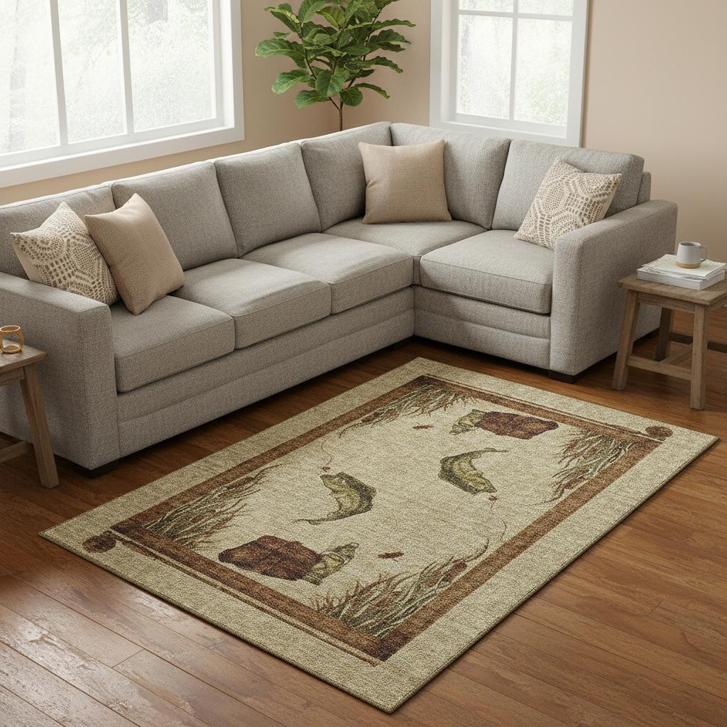 645353 8 x 10 ft. Khaki Beige & Green Nautical Washable Machine Made Rectangle Area Rug with UV Protection