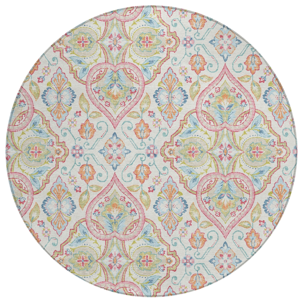 638671 8 ft. Ivory Pink & Artichoke Green Ogee Washable Transitional Indoor & Outdoor Round Area Rug