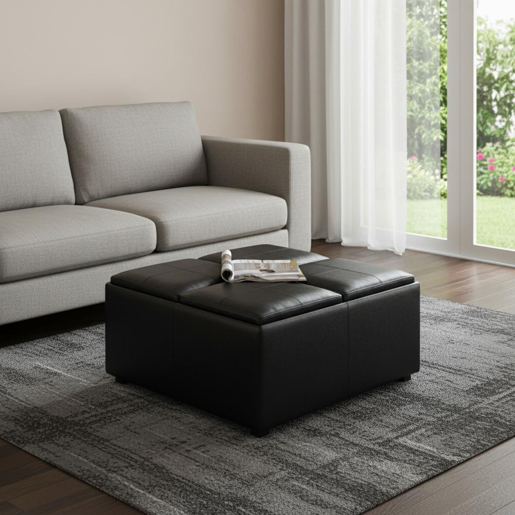 641822 35 in. Black & Dark Brown Leather Cocktail Ottoman with Storage