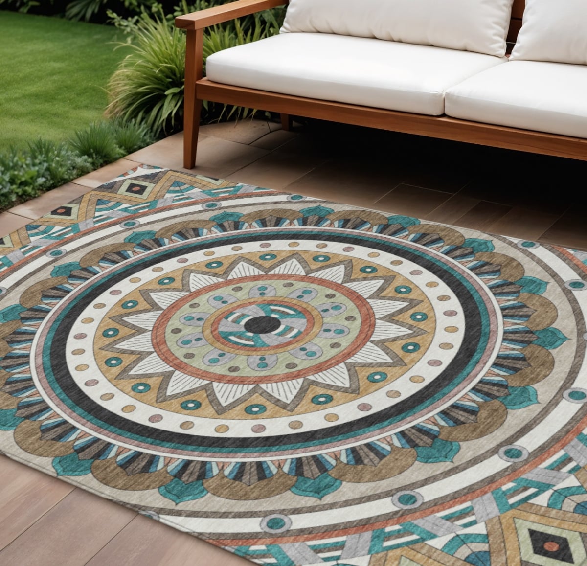 641849 5 x 8 ft. Taupe Blue Beige & Ivory Geometric Washable Transitional Indoor & Outdoor Rectangle Area Rug