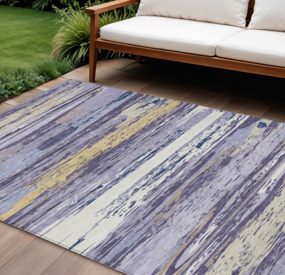 642267 9 x 12 ft. Lavender Ivory & Gold Striped Washable Transitional Indoor & Outdoor Rectangle Area Rug