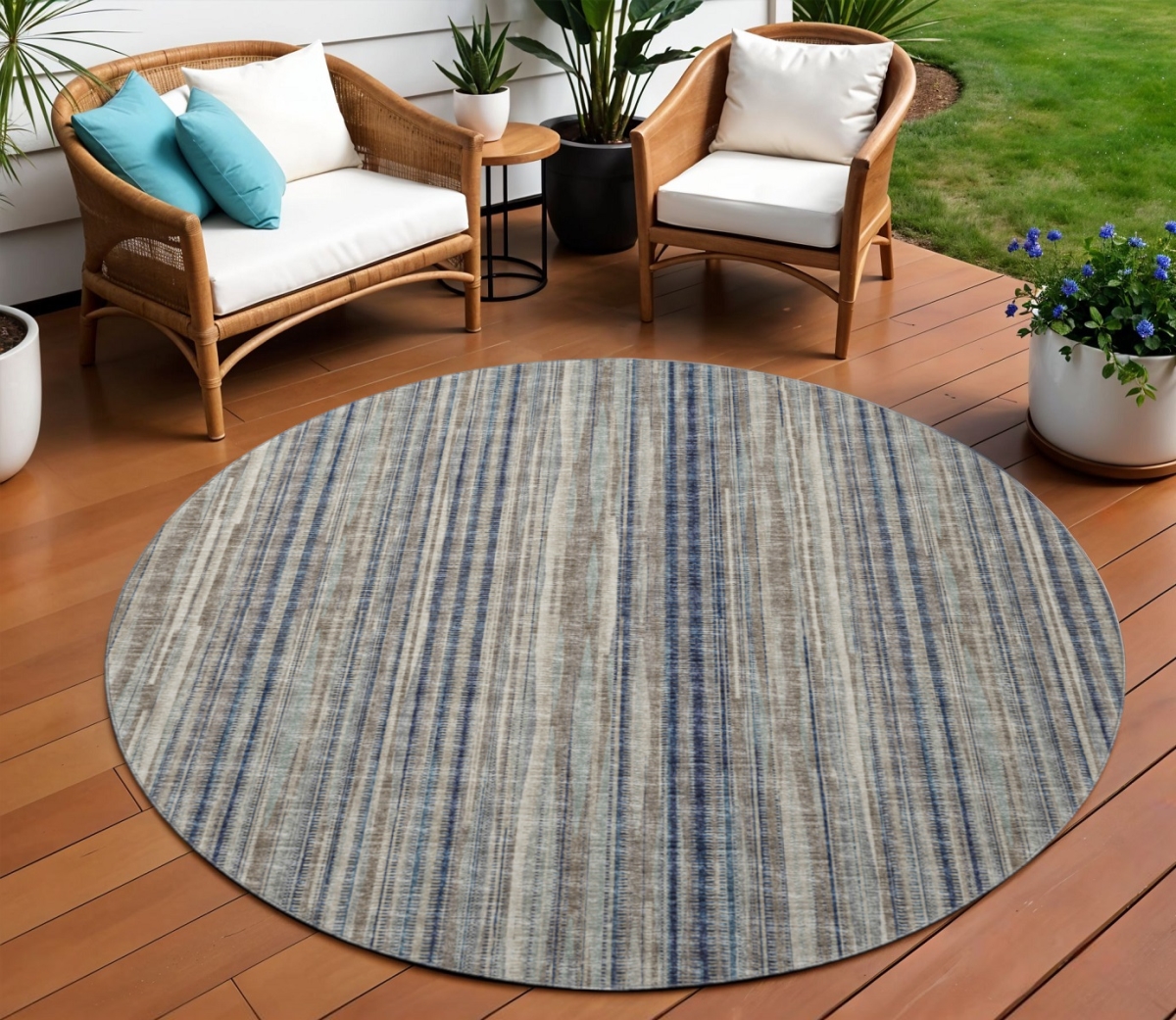 642340 8 ft. Brown & Navy Blue Striped Washable Transitional Indoor & Outdoor Round Area Rug