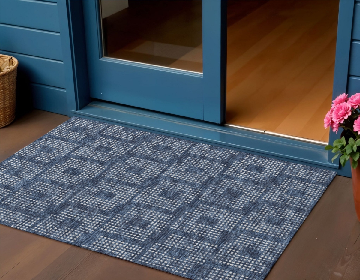642434 3 x 5 ft. Blue & Ivory Geometric Washable Transitional Indoor & Outdoor Rectangle Area Rug
