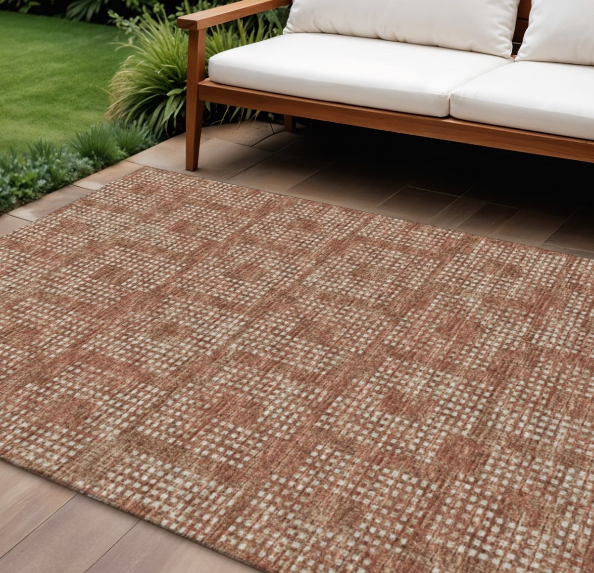 642444 9 x 12 ft. Burnt Sienna & Ivory Geometric Washable Transitional Indoor & Outdoor Rectangle Area Rug