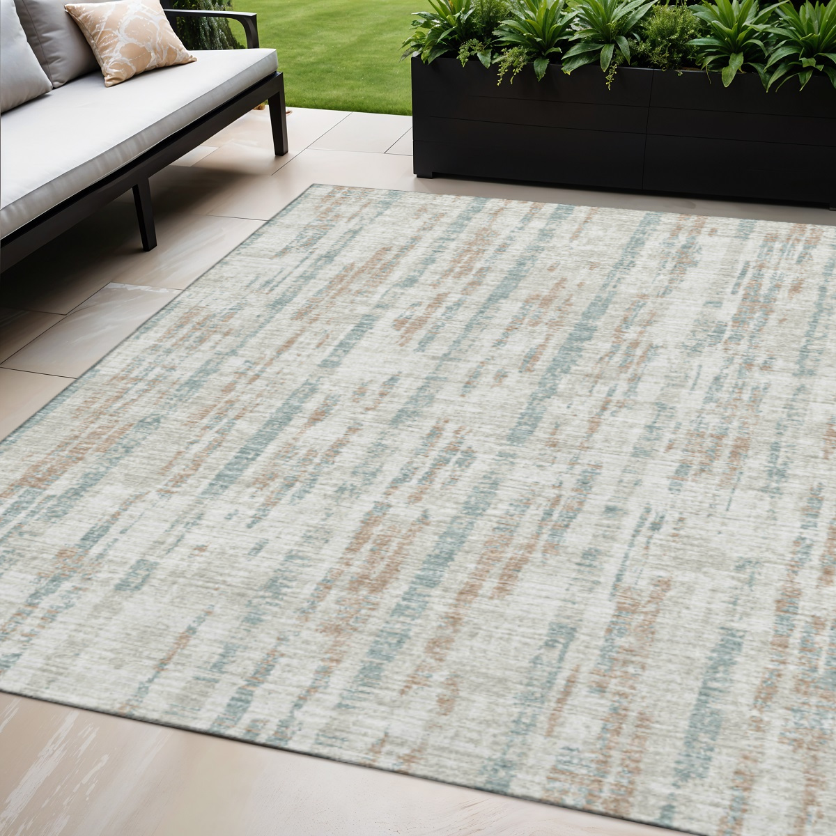 642585 5 x 8 ft. Ivory & Blue Abstract Washable Transitional Indoor & Outdoor Rectangle Area Rug