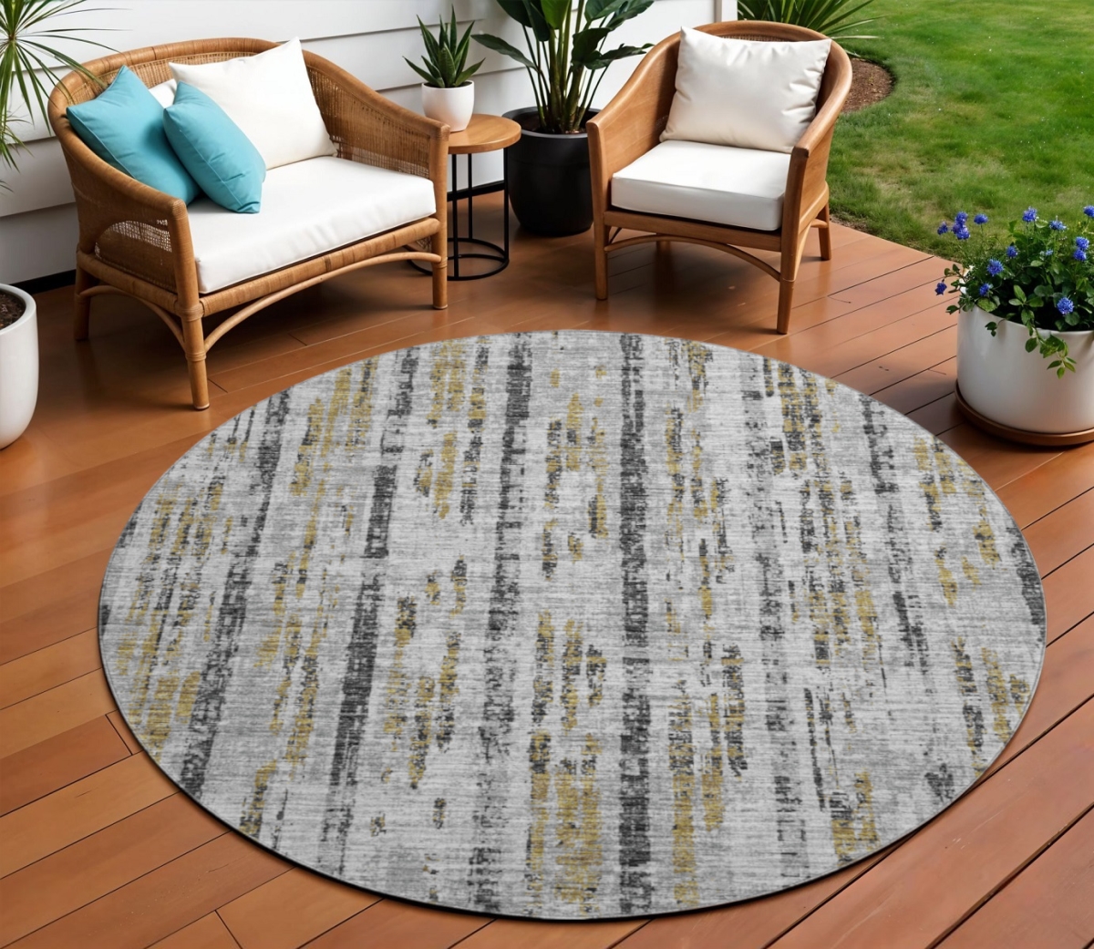 642592 8 ft. Silver Charcoal & Gold Abstract Washable Transitional Indoor & Outdoor Round Area Rug