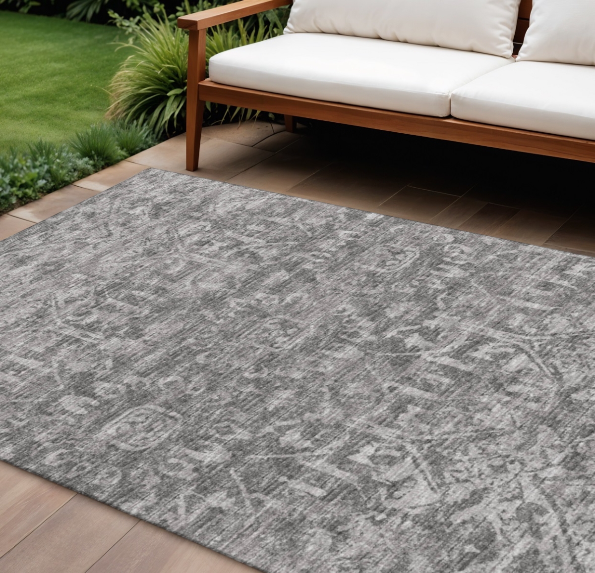 642642 9 x 12 ft. Charcoal & Ivory Damask Washable Traditional Indoor & Outdoor Rectangle Area Rug