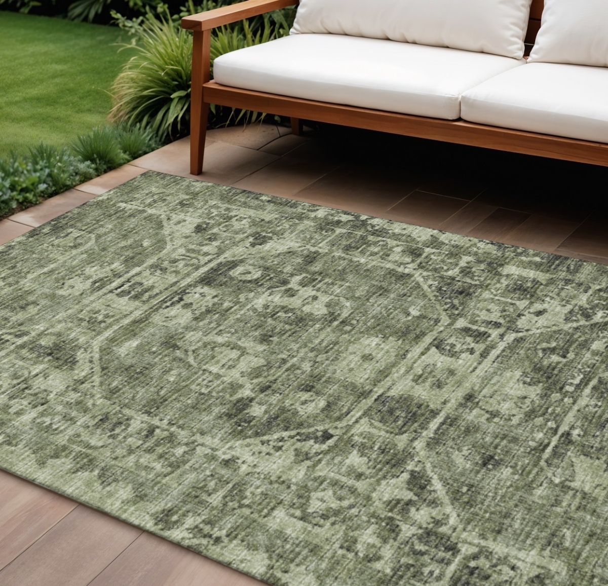 642672 9 x 12 ft. Olive Green & Ivory Tribal Washable Traditional Indoor & Outdoor Rectangle Area Rug