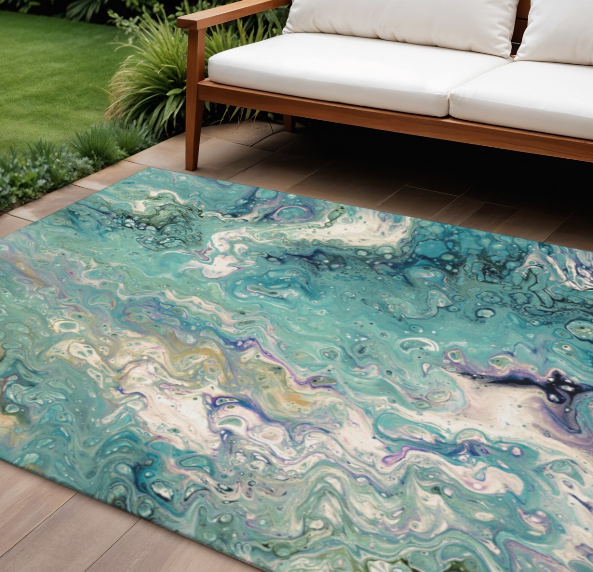 642823 10 x 14 ft. Aqua & Ivory Abstract Washable Contemporary Indoor & Outdoor Rectangle Area Rug