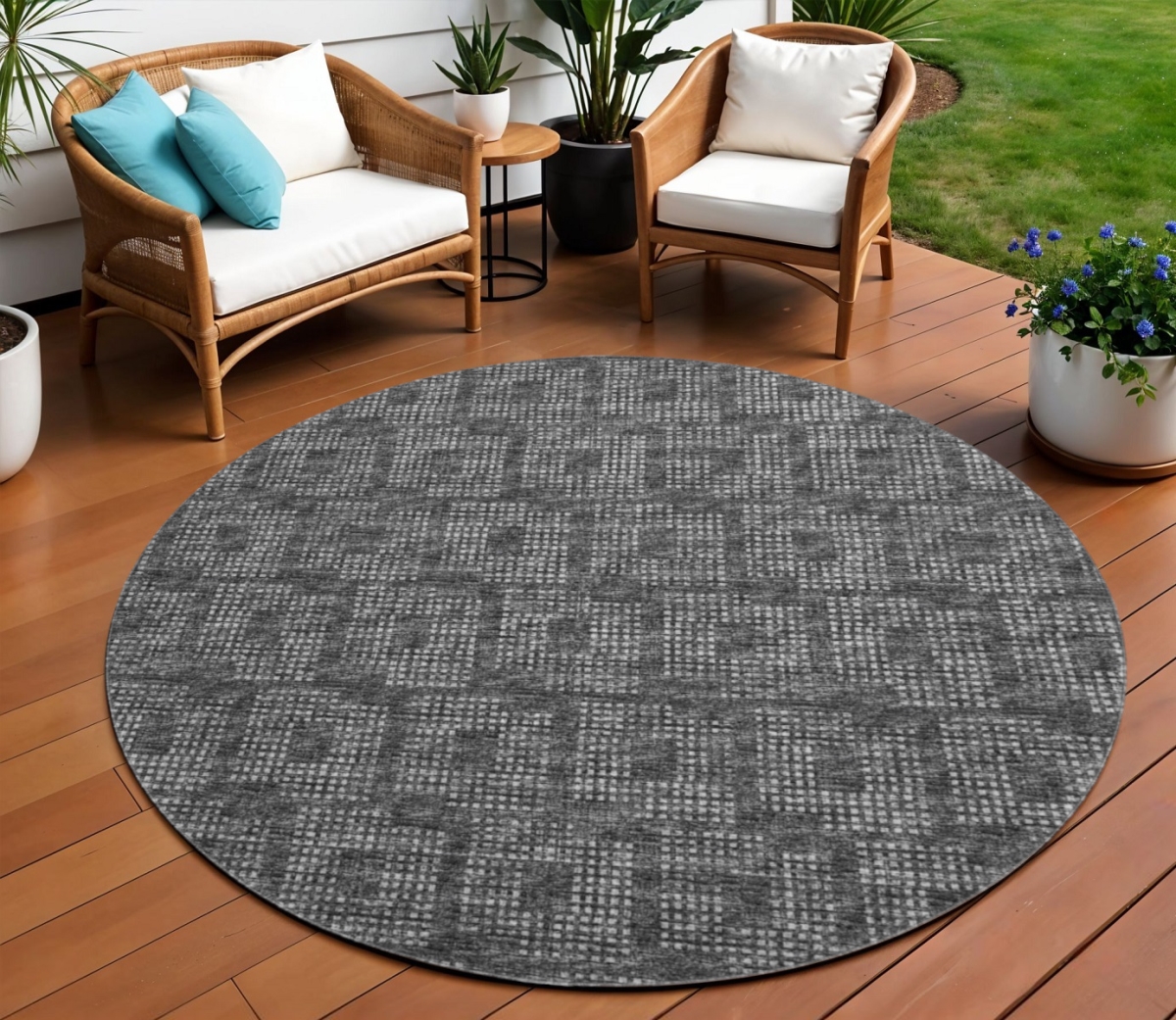 642460 8 ft. Black & Ivory Geometric Washable Transitional Indoor & Outdoor Round Area Rug
