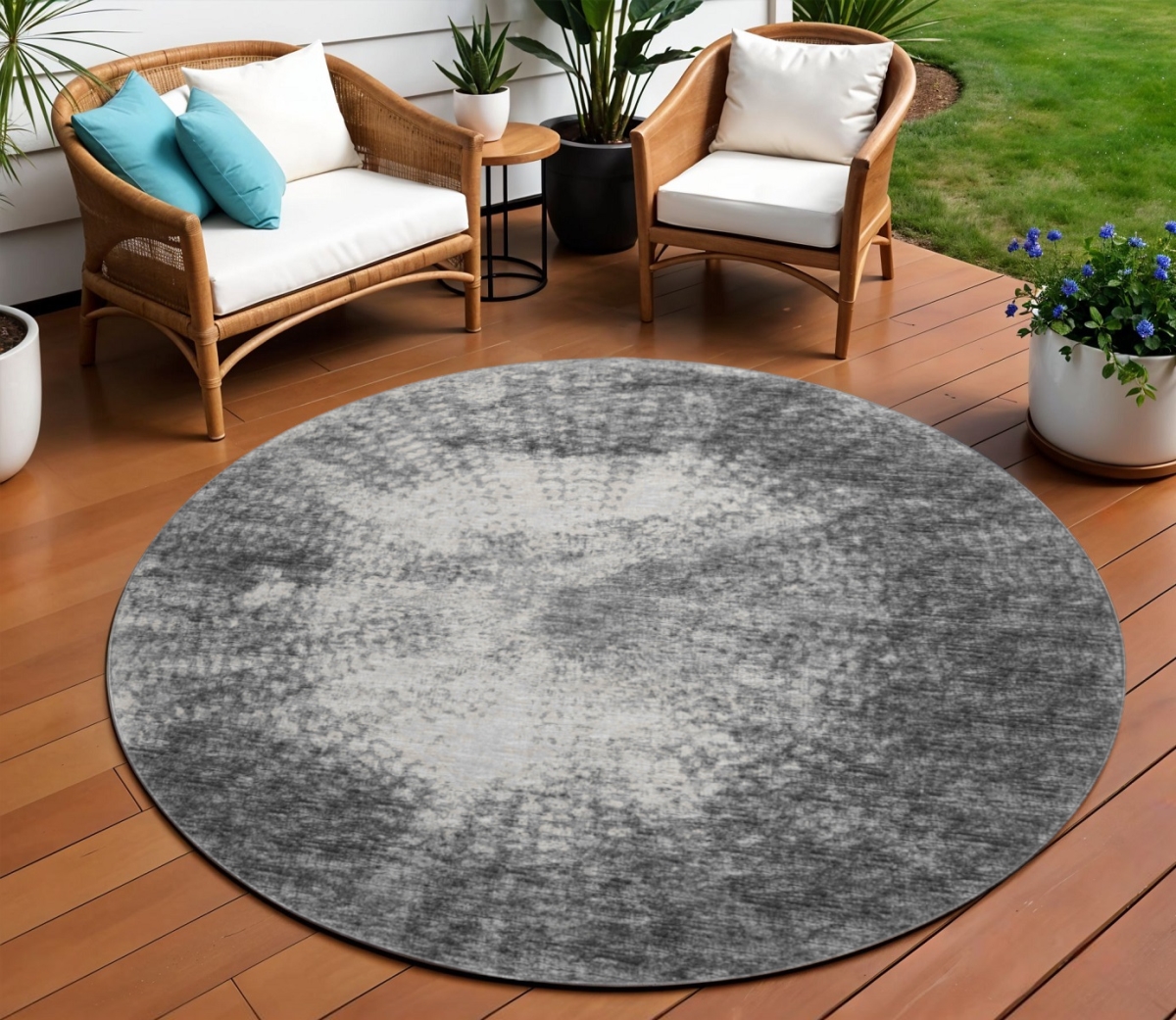 642484 8 ft. Black & Ivory Abstract Washable Transitional Indoor & Outdoor Round Area Rug
