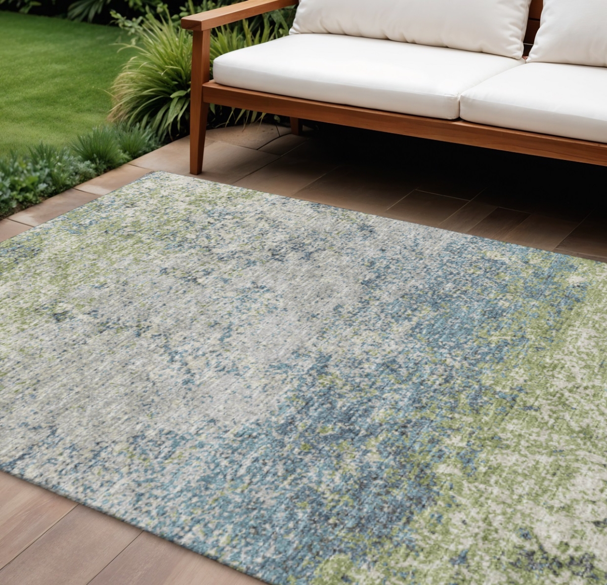 642528 9 x 12 ft. Green & Navy Blue Abstract Washable Transitional Indoor & Outdoor Rectangle Area Rug