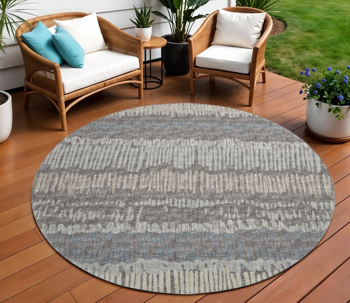 642550 8 ft. Gray & Ivory Abstract Washable Transitional Indoor & Outdoor Round Area Rug