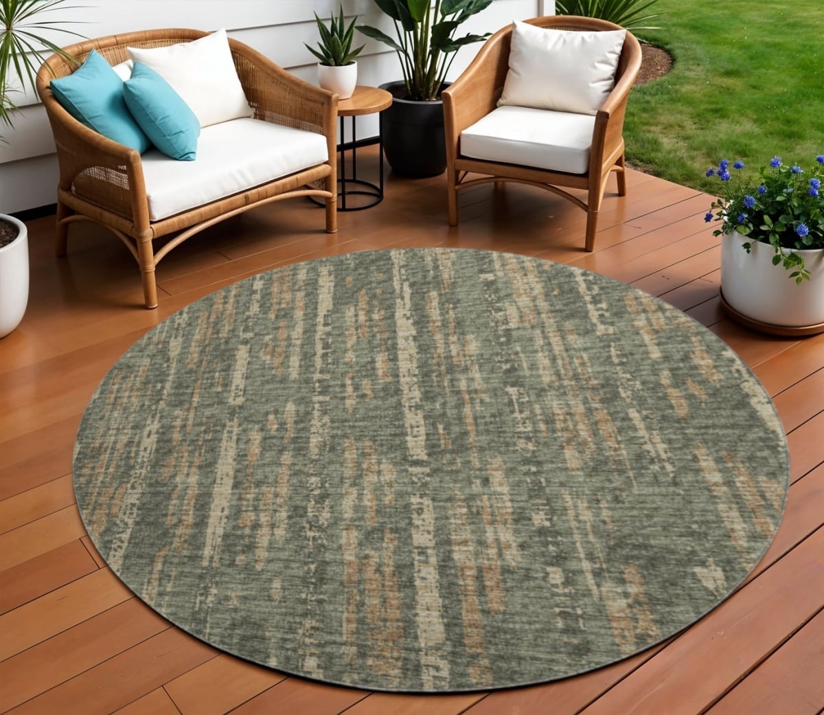 642598 8 ft. Green & Charcoal Abstract Washable Transitional Indoor & Outdoor Round Area Rug