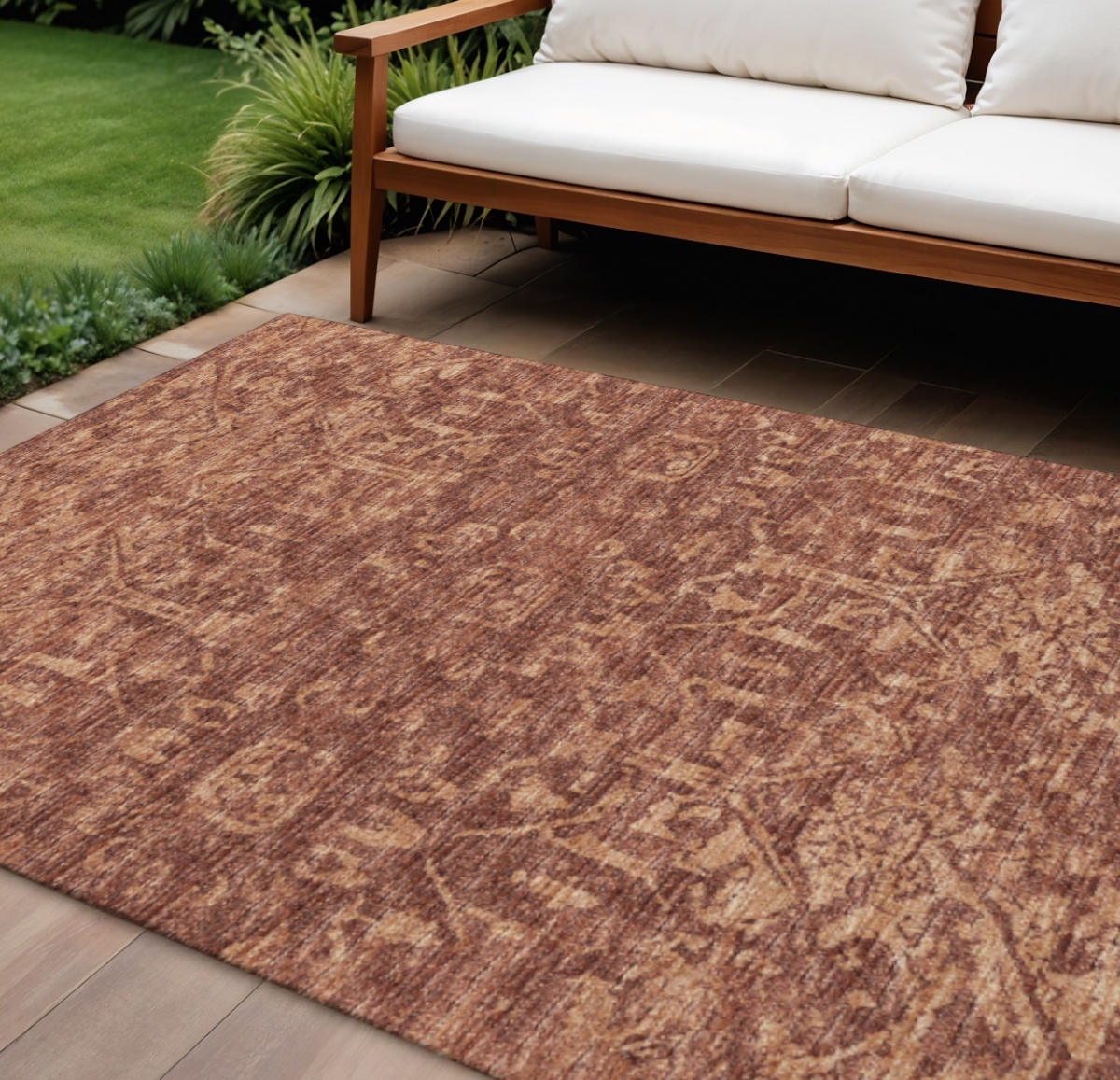 642624 9 x 12 ft. Terra Cotta & Beige Damask Washable Traditional Indoor & Outdoor Rectangle Area Rug