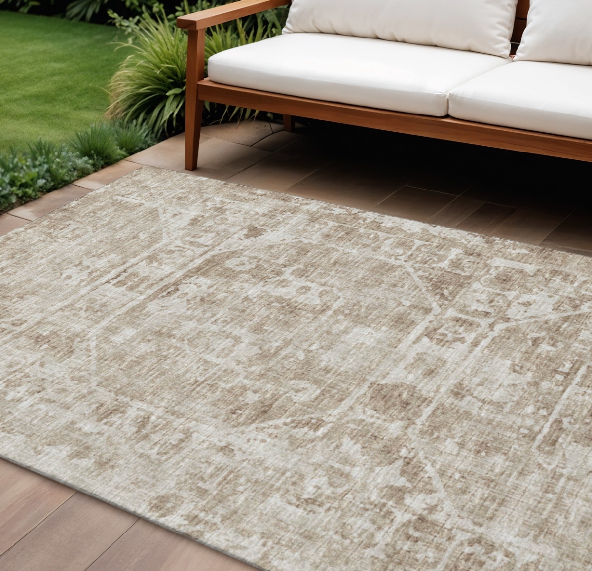 642667 10 x 14 ft. Khaki & Ivory Tribal Washable Traditional Indoor & Outdoor Rectangle Area Rug