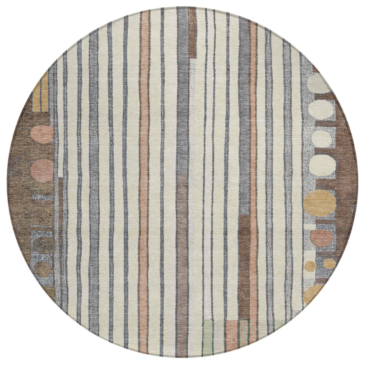 638141 8 ft. Brown Ivory & Peach Geometric Washable Transitional Indoor & Outdoor Round Area Rug