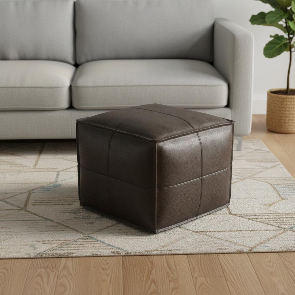 638576 18 in. Brown Leather Pouf Ottoman