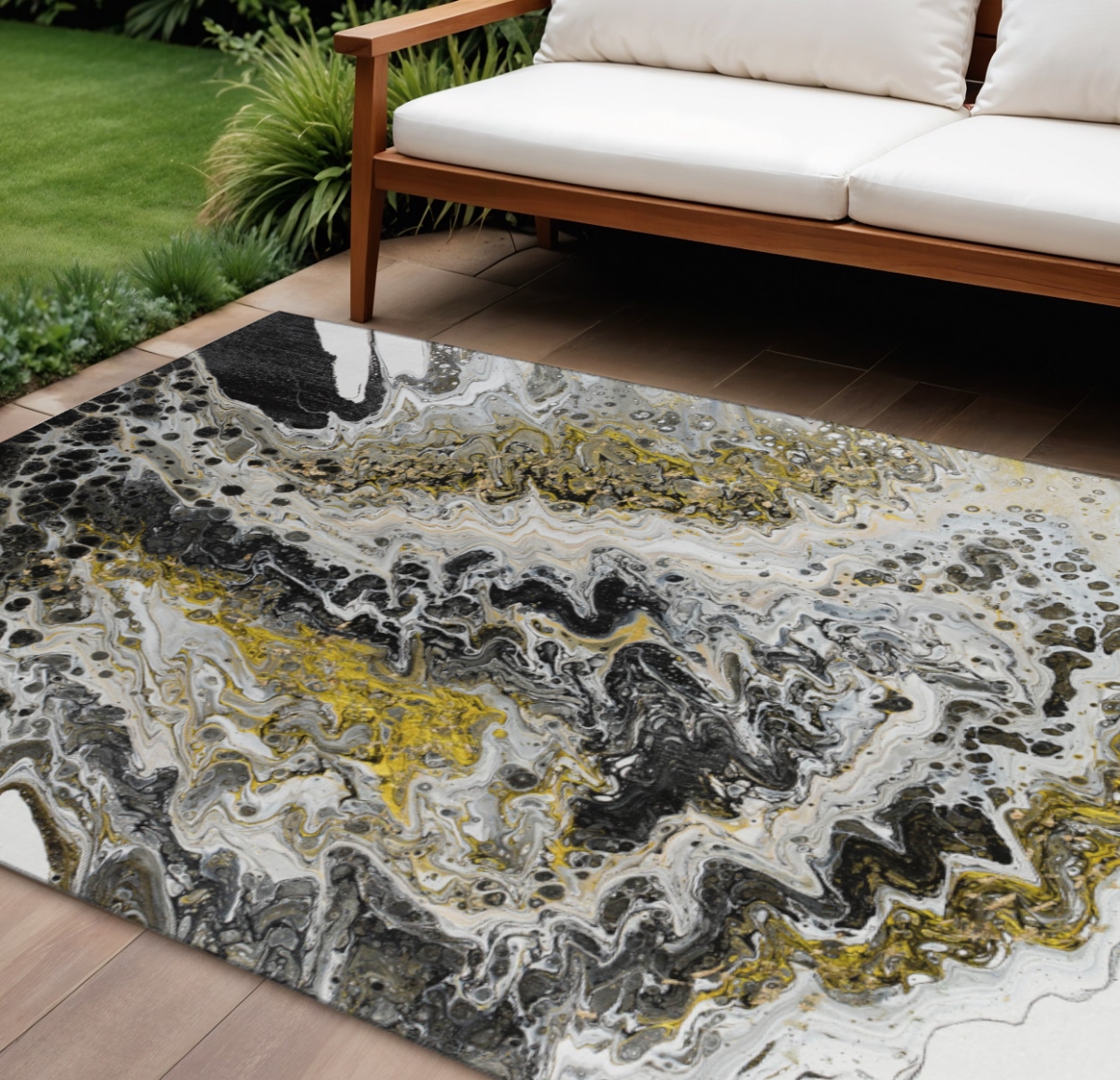 643520 8 x 10 ft. Black, Ivory & Gold Abstract Washable Contemporary Indoor & Outdoor Rectangle Area Rug