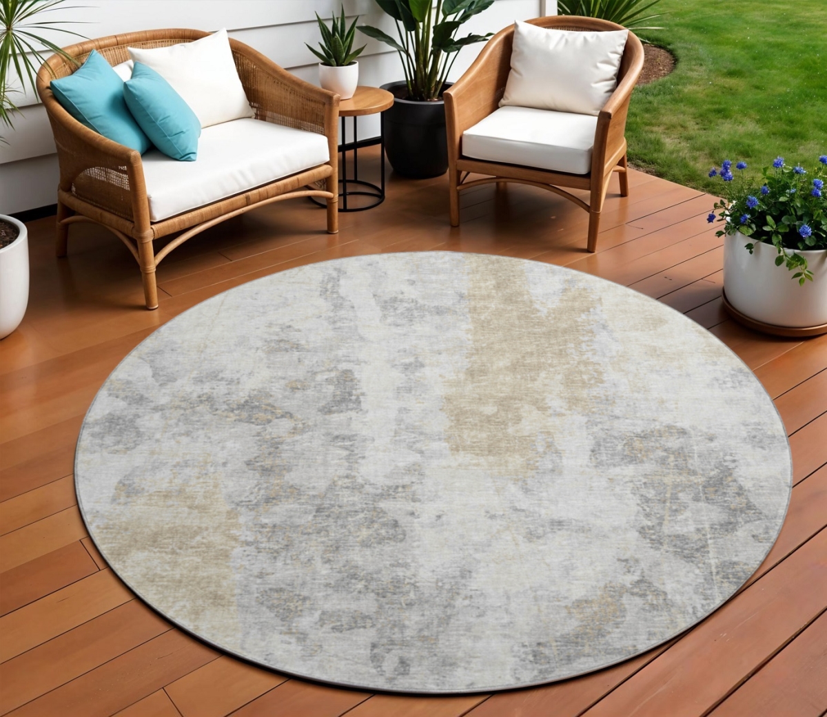 643615 8 ft. Midnight Ivory & Beige Abstract Washable Transitional Indoor & Outdoor Round Area Rug