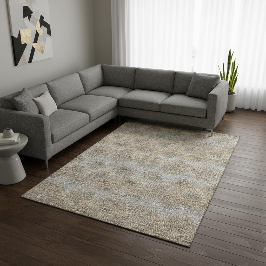 644160 8 x 10 ft. Brown, Ivory & Sky Blue Abstract Washable Machine Made Rectangle Area Rug with UV Protection