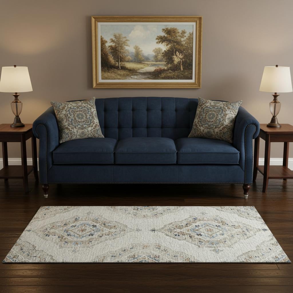 644176 5 x 8 ft. Linen, Ivory & Blue Tribal Washable Machine Made Rectangle Area Rug with UV Protection