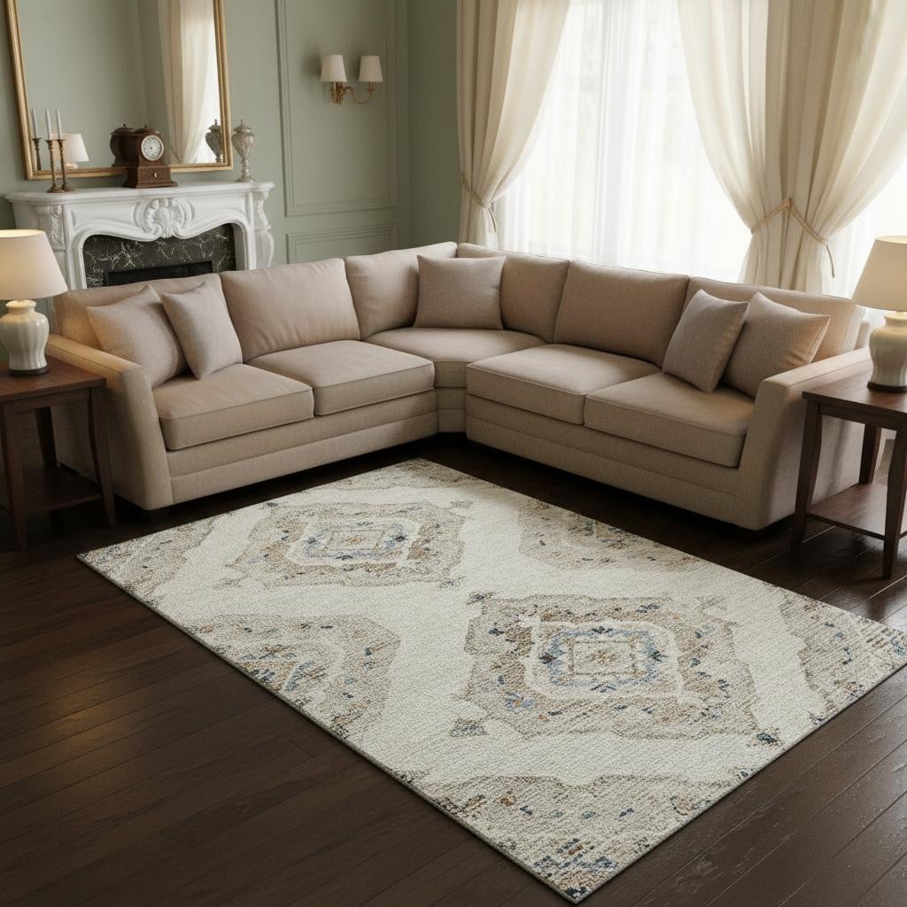 644180 10 x 14 ft. Linen, Ivory & Blue Tribal Washable Machine Made Rectangle Area Rug with UV Protection