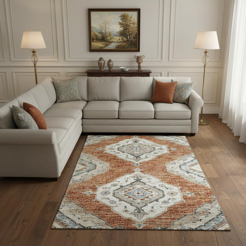 644185 9 x 12 ft. Terra Cotta Ivory & Blue Tribal Washable Machine Made Rectangle Area Rug with UV Protection