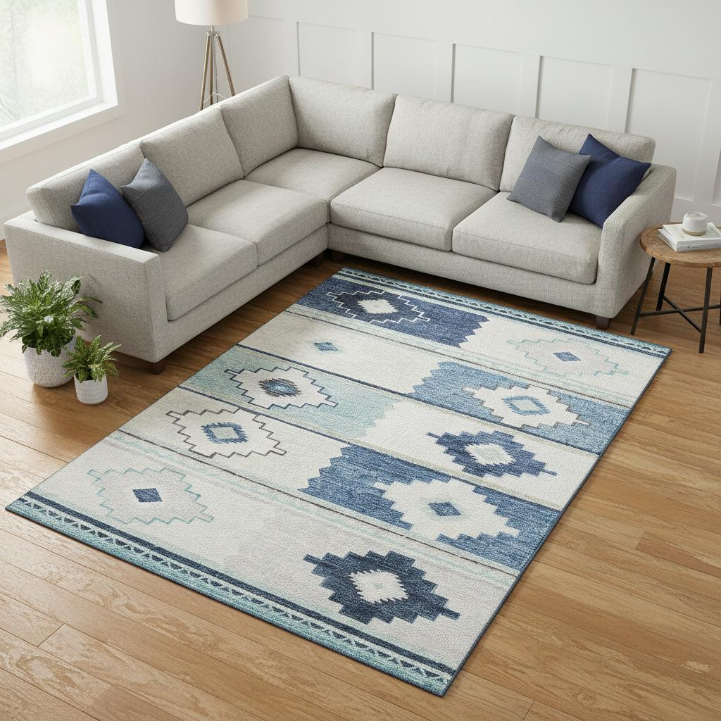 645605 8 x 10 ft. Blue & Ivory Geometric Southwest Washable Machine Made Rectangle Area Rug with UV Protection